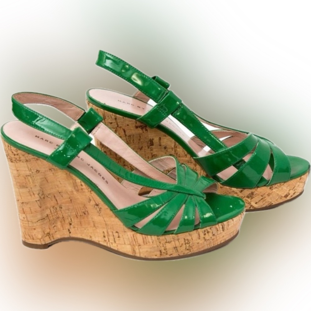 Marc by Marc Jacobs Green Patent Leather Cork Wedge Sandals Sz 8